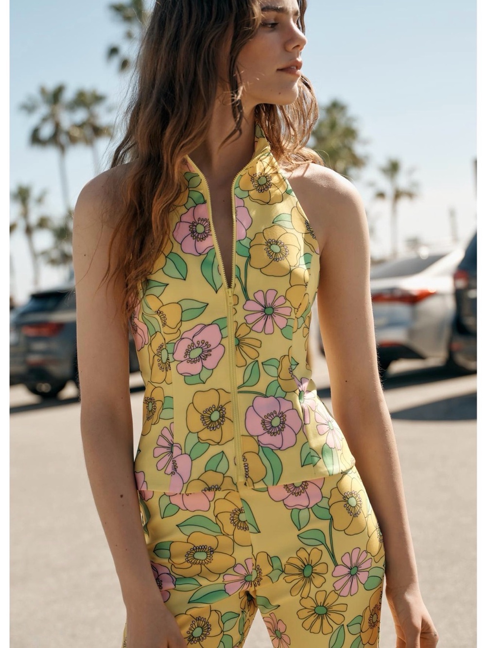 Floral Halter Zip-Front top and matching capris pants